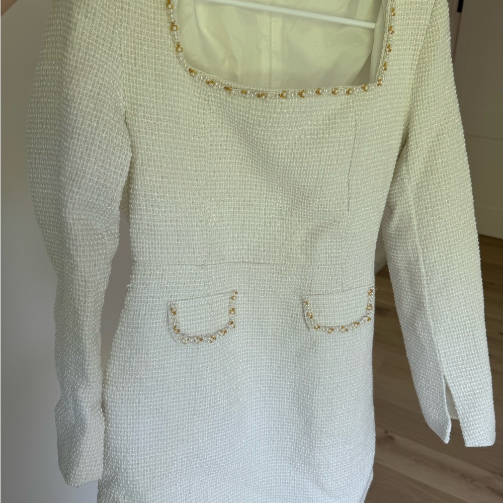 Elegant Tweed Cream Dress with Pearl Accents